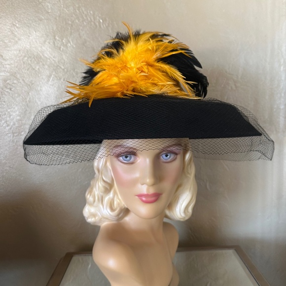 ASTOUNDING BLACK FELT WIDE BRIM HAT WITH BL;ACK & YELLOW FEATHER S main image 11
